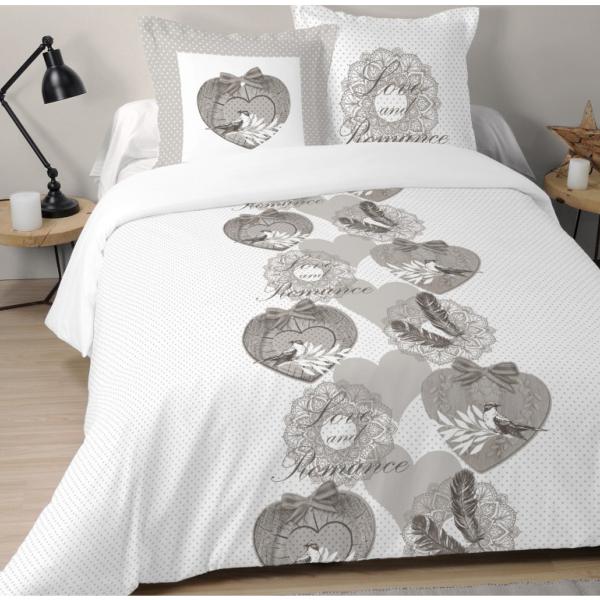 Housse de couette Love Catelyn, Blanc, Adulte, 220x240cm, 2 personnes, 100% Coton