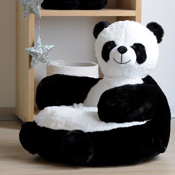 Pouf pour enfant Louka le Panda, Noir/Blanc, 45x45cm, Toucher tout doux