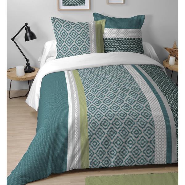 Housse de couette Curtis, Thème Art déco, Vert, Adulte, 220x240cm, 2 personnes, 100% Coton