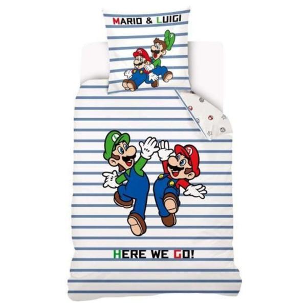 Housse de couette Super Mario Here We Go, Blanc/Bleu, Enfant, 140x200cm, 1 personne, 100% Coton