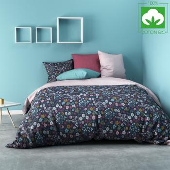 Housse de couette Elinor, Thème Fleuri, Lila/Bleu, 220x240cm, 2 personnes, 100% Coton Bio