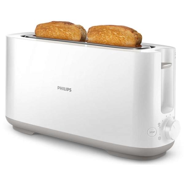 Philips, Grille-pain/Toaster avec fente longue, 8 réglages, Ramasse-miettes amovible, Décongélation/Réchauffage/Surélevage, Blanc, 950W, Fonction viennoiserie