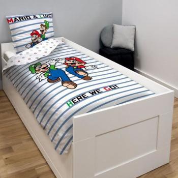 Housse de couette Super Mario Here We Go, Blanc/Bleu, Enfant, 140x200cm, 1 personne, 100% Coton