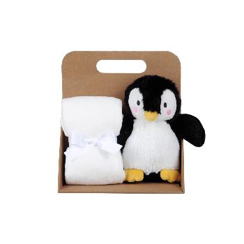 Coffret cadeau Plaid + Doudou peluche Jemmy le Pingouin, Noir/Blanc, 75x75cm, 100% Polyester