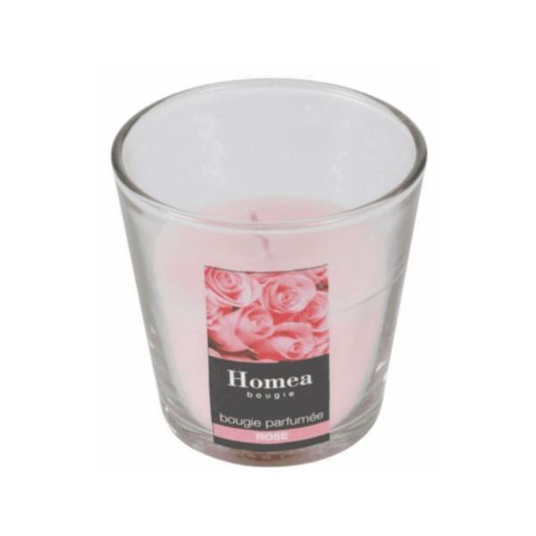 Bougie parfumée rose, 1 mèche, Diamètre 7.5cm, Pot en verre