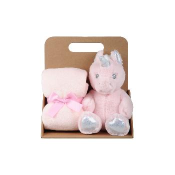 Coffret cadeau Plaid + Doudou peluche Lisette la Licorne, Rose/Argent, 75x75cm, 100% Polyester