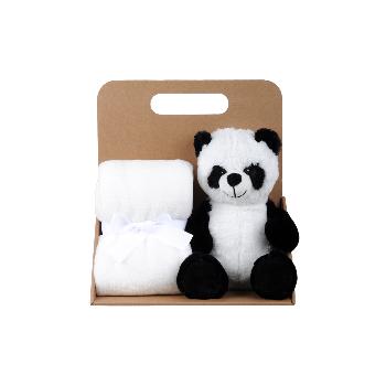 Coffret cadeau Plaid + Doudou peluche Louka le Panda, Noir/Blanc, 75x75cm, 100% Polyester