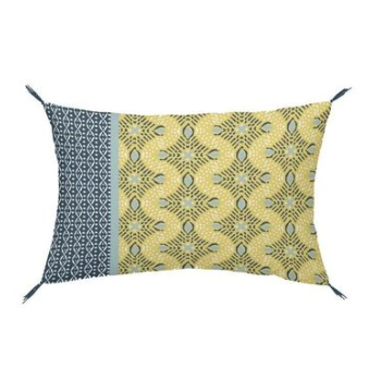 Coussin Imprim Jakarta Curcuma Shiva BLeu et Jaune, 30x50cm, 100% Coton, Dhoussable