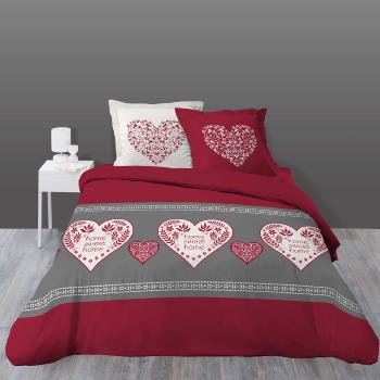 Parure de lit Flanelle 4 pices Sweet Heart, Gris/Rouge, Drap housse 140x190cm + Drap plat 240x300cm + 2 taies d'oreiller, 2 personnes, 100% Coton, Oeko-Tex