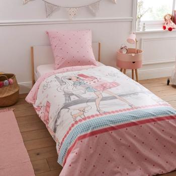 Housse de couette Paris Shopping, Rose, Enfant, 140x200cm, 1 personne, 100% Coton Renforcé, Lavable à 60°C