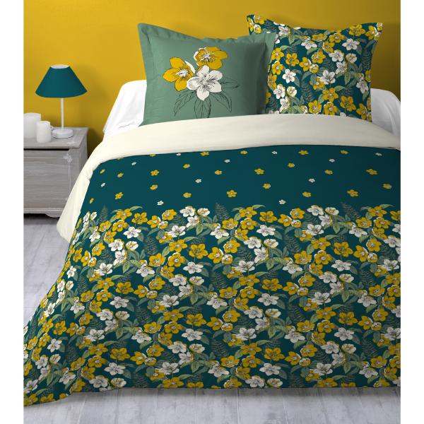 Housse de couette Daphné, Thème fleuri, Bleu canard, Adulte, 220x240cm, 2 personnes, 100% Coton