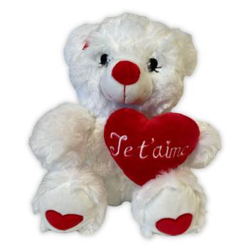 Peluche Ourson Blanc Je t'aime, Blanc/Rouge, Toucher tout doux, 30cm, Conforme norme CE