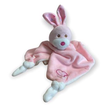 Doudou Mouchoir plat Odile la Lapine, Toucher Velours, Rose/Blanc, Finition brodée, 28cm