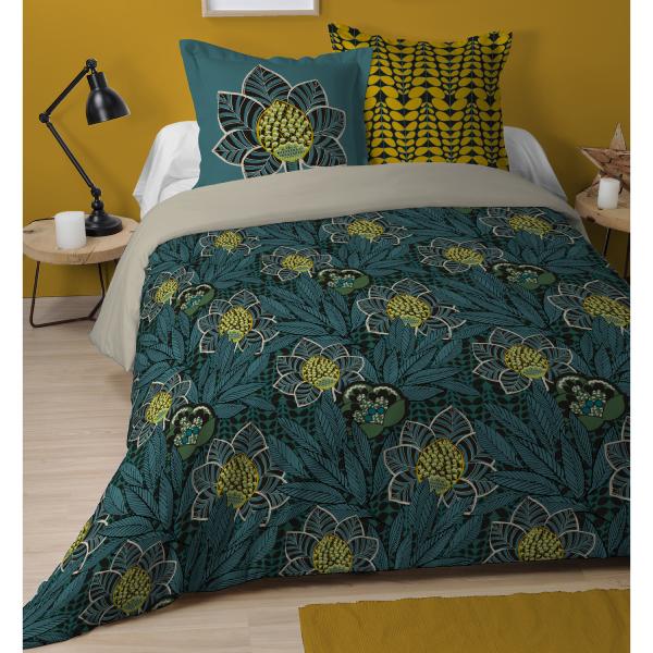 Housse de couette Ecuador Thème Fleuri, Emeraude, Adulte, 220x240cm, 2 personnes, 100% Coton