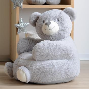 Pouf pour enfant Ours Markus, Gris/Blanc, 45x45cm, Toucher tout doux