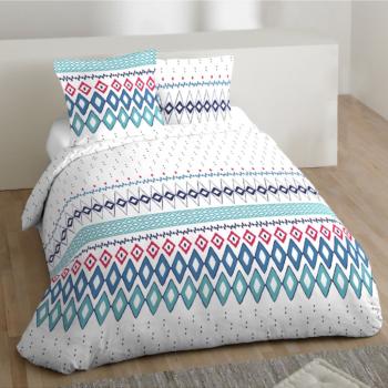 Housse de couette Pointille, Formes géométriques, Blanc/Bleu, 220x240cm, 2 personnes, Réversible, 100% Coton