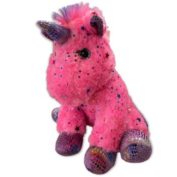 Peluche Lucie la Licorne, Etoiles et paillettes, Rose/Arc-en-ciel, 26cm, Position assise