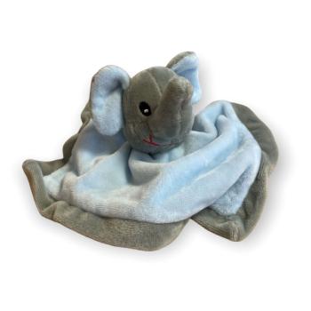 Doudou Mouchoir plat Elphant, Toucher Velours, Gris/Bleu, Finition brode, 23cm