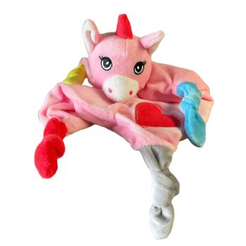 Doudou Mouchoir plat Luna la Licorne, Toucher Velours, Rose, Finition brodée, 28cm