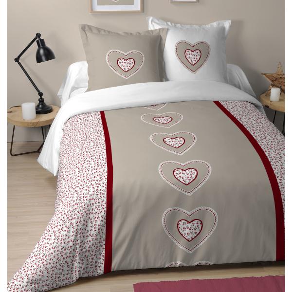 Housse de couette Amélia, Thème Romantique, Naturel/Rouge, Adulte, 220x240cm, 2 personnes, 100% Coton