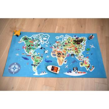 Tapis de jeu Tour du Monde, Antidéparant, Bleu, 80x150cm, 91% Caoutchouc - 8% Polyester