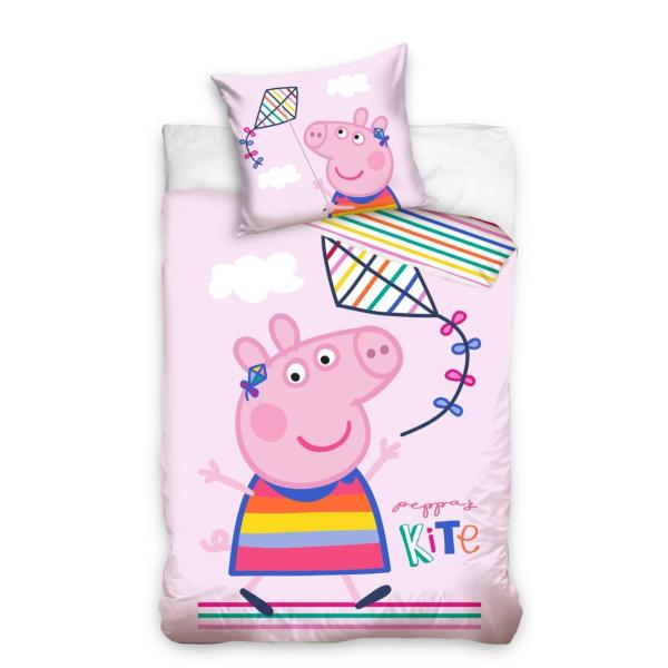 Housse de couette Disney Peppa Pig Flying a Kite, Rose/Blanc, 100x135cm, Lit bébé, 100% Coton