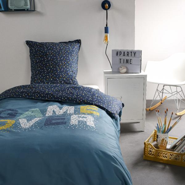 Housse de couette Game Over, Bleu, Enfant, 140x200cm, 1 personne, 100% Coton, Oeko-Tex