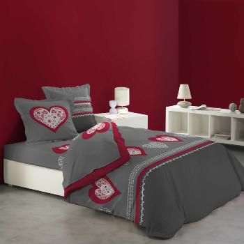 Parure de lit Flanelle 4 pices Snow Love, Gris/Rouge, Drap housse 140x190cm + Drap plat 240x300cm + 2 taies d'oreiller, 2 personnes, 100% Coton, Oeko-Tex