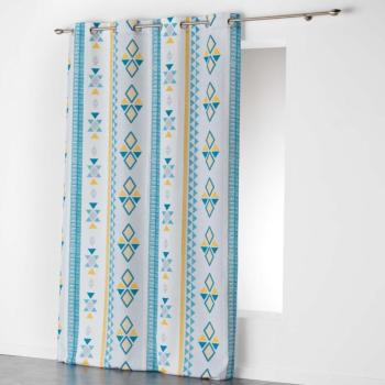 Rideau  oeillets imprim ethnique, Blanc/Bleu, 140x260cm, 100% Polyester, Prt  poser