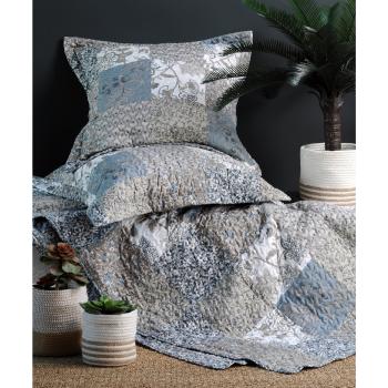 Boutis Darjeeling, Thème fleuri, Motifs en relief, Bleu/Taupe, Réversible, 220x240cm, 2 taies 65x65cm, 100% Microfibre