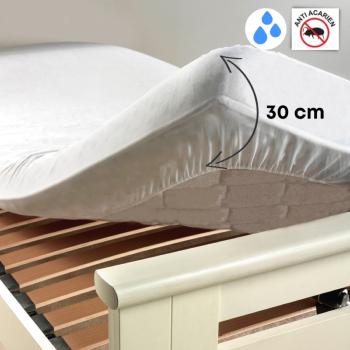 Protège matelas Molleton Imperméable, Anti-acariens, Forme drap housse, 140x190cm, Blanc, 100% Coton, Bonnet de 30cm