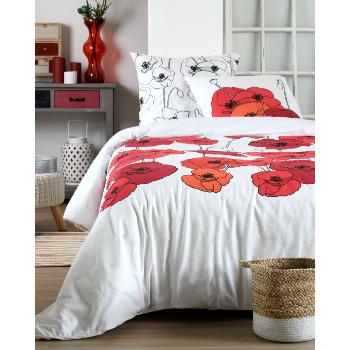 Housse de couette Coquelicot, Thme floral, Blanc/Rouge, Adulte, 240x220cm, 2 personnes, 100% Coton, Oeko-tex