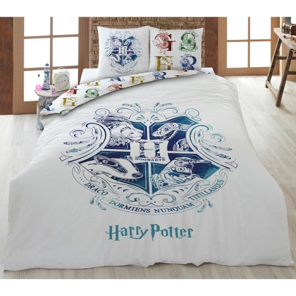 Housse de couette Harry Potter Chic, Edition Collector, Blanc/Bleu Réversible, 220x240cm, 2 personnes, 100% Coton