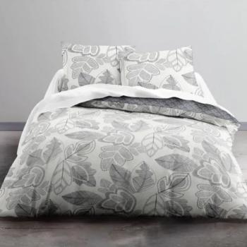 Housse de couette Automnia, Thème fleuri, Réversible, Gris/Blanc, Adulte, 240x260cm, 2 personnes, 100% Coton Oeko-tex