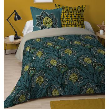 Housse de couette Ecuador Thème Fleuri, Emeraude, Adulte, 220x240cm, 2 personnes, 100% Coton
