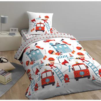 Housse de couette petit pompier, Gris/Blanc, Enfant, 140x200cm, 1 personne, 100% Coton Bio, Réversible