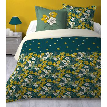Housse de couette Daphné, Thème fleuri, Bleu canard, Adulte, 240x260cm, 2 personnes, 100% Coton