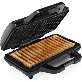 Appareil  pommes gaufrettes, 15 gaufres en forme de frites, Plaques antiadhsives, Noir/Inox, 1000W, Compact et innovant