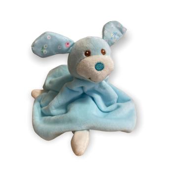 Doudou Mouchoir plat Léo le Lapin, Toucher Velours, Bleu/Blanc, Finition brodée, 28cm