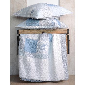 Boutis Lucile, Thme fleuri, Motifs en relief, Gris/Bleu, Rversible, 240x260cm, 2 taies 65x65cm, 100% Microfibre