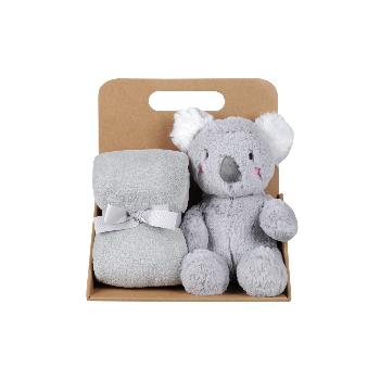 Coffret cadeau Plaid + Doudou peluche Nikola le Koala, Gris, 75x75cm, 100% Polyester