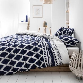 Housse de couette Santorin, Blanc/Bleu, Gamme Cyclades, 220x240cm, 2 personnes, 100% Coton