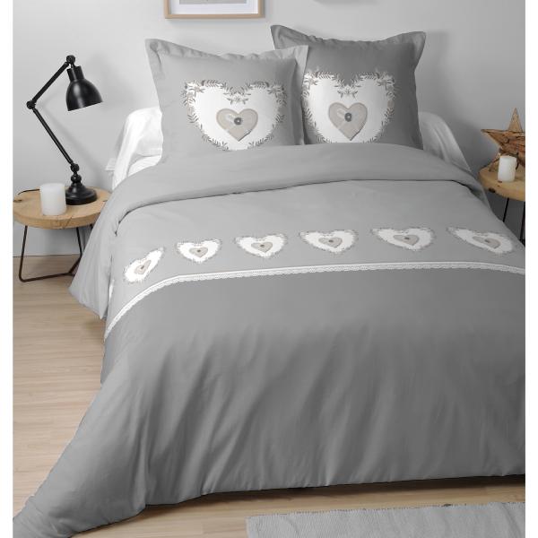 Housse de couette Pauline, Thème Romantique, Gris, Adulte, 220x240cm, 2 personnes, 100% Coton