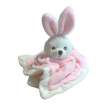 Doudou Mouchoir plat Lapinou, Toucher Velours, Ecru/Rose, Finition brodée, 23cm