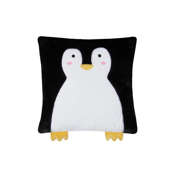 Coussin Enfant Jemmy le Pingouin, Ultra doux, 40x40cm, Noir/Blanc, 100% Polyester