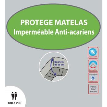 Protège matelas imperméable, Anti-acariens, Forme drap housse, 180x200cm, Blanc, 100% Polyester, Bonnet de 25cm