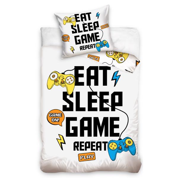 Housse de couette Eat Sleep Game Repeat, Blanc, Enfant, 140x200cm, 1 personne, 100% Coton