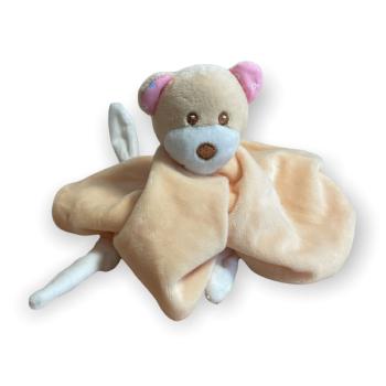 Doudou Mouchoir plat Emy la Souris, Toucher Velours, Pche/Blanc, Finition brode, 28cm