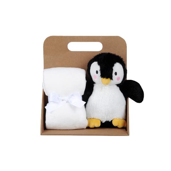 Coffret cadeau Plaid + Doudou peluche Jemmy le Pingouin, Noir/Blanc, 75x75cm, 100% Polyester