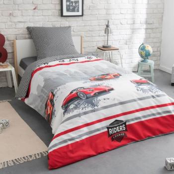 Housse de couette Speed Riders, Gris/Rouge, Enfant, 140x200cm, 1 personne, 100% Coton Renforc, Lavable  60C, Zippe